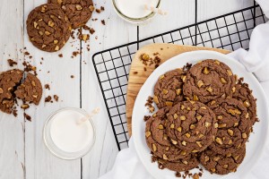 A plate of chocolate cookies with toffee